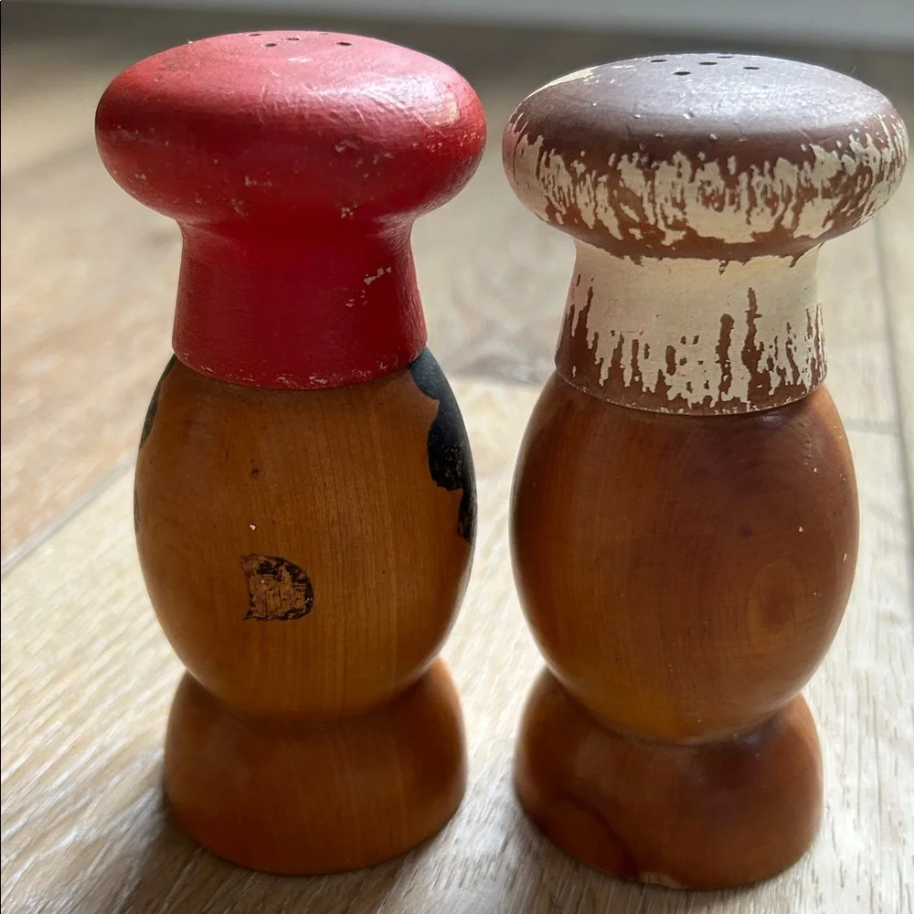 Vintage Woodpecker Woodware Salt Shaker Salty Peppy Chef Guy Girl Handmade Japan